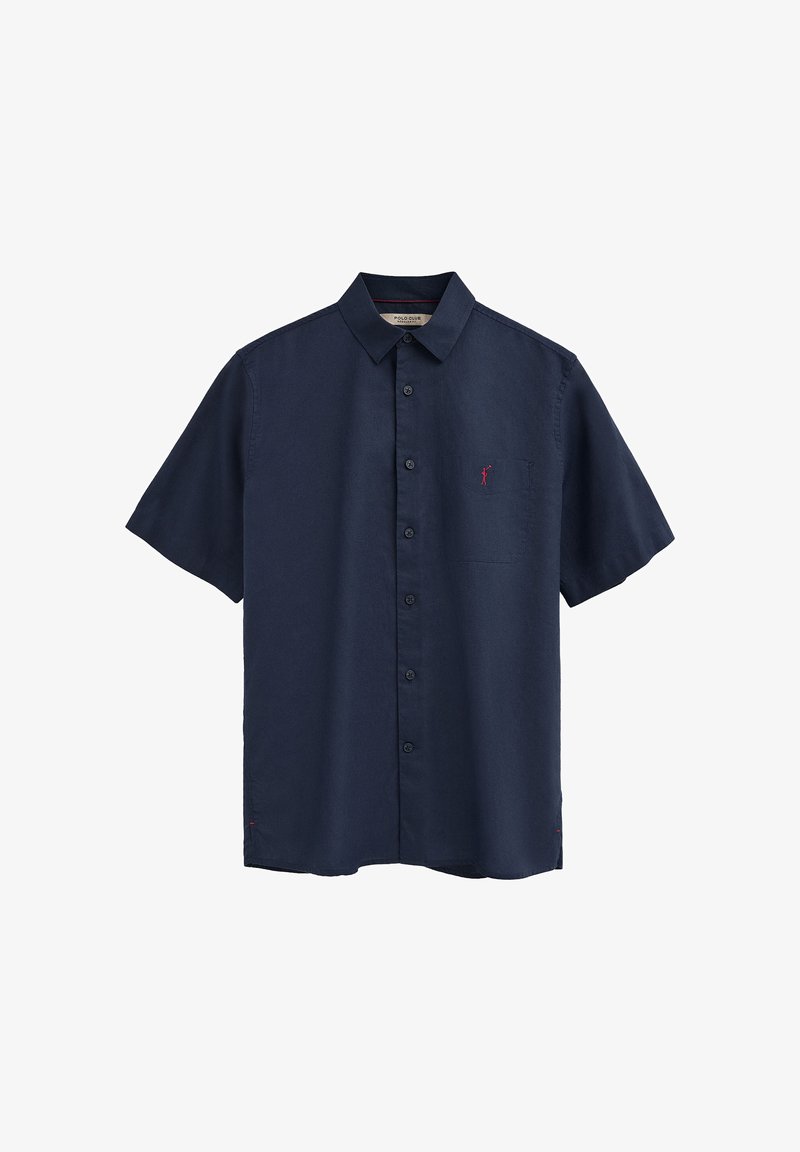 Chemise bleu marine à manches courtes avec col et petit logo rouge sur la poche poitrine gauche.