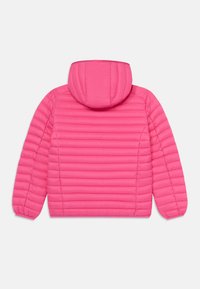 Pink insulated jacket with a hood, featuring a quilted design, elastic cuffs, and a smooth texture. Back view shows horizontal stitching.