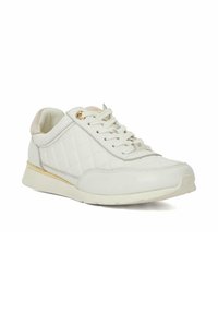 White leather sneaker with a quilted pattern, padded collar, laces, and a gold accent near the eyelets. Features a soft rubber sole.