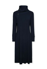 Abito blu navy a maniche lunghe con colletto alto e scollatura asimmetrica. Presenta tre bottoni decorativi di lato e una vestibilità comoda.