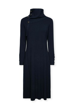 Abito blu navy a maniche lunghe con colletto alto e scollatura asimmetrica. Presenta tre bottoni decorativi di lato e una vestibilità comoda.