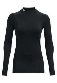 Musta pitkähihainen urheilu- paita, jossa on korkea kaulus ja joka on valmistettu joustavasta kankaasta. Paita sisältää litteät saumat ja Under Armour -logon kauluksessa.