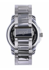 Silver stainless steel watch with a polished link bracelet and a circular black dial. Features engraved "regal" on the clasp.