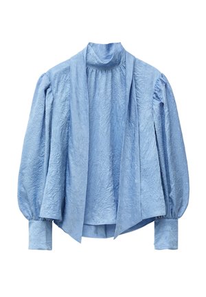 Blue, crinkled fabric blazer with a high collar, puffed sleeves, and buttoned cuffs. Draped design with an open front. No fastenings.