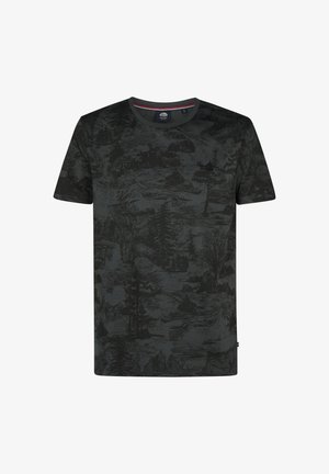 T-shirt nera a maniche corte con un motivo paesaggistico testurizzato in tonalità scure. Collo classico a girocollo, realizzato in morbido tessuto di cotone.