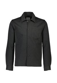 Veste boutonnée gris foncé avec col et poche poitrine, manches longues et ourlet droit, présentée sur fond blanc.