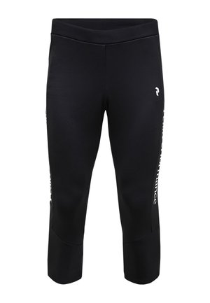 Sorte atletiske capribukser med tætsiddende design. Fremstillet af elastisk stof. Har tekstbranding i hvid langs siden.