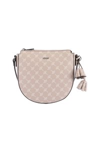 Borsa beige a forma di mezza luna, in materiale strutturato, con motivo di foglia bianca e due nappine decorative sui lati. Chiusura con cerniera sulla parte superiore.
