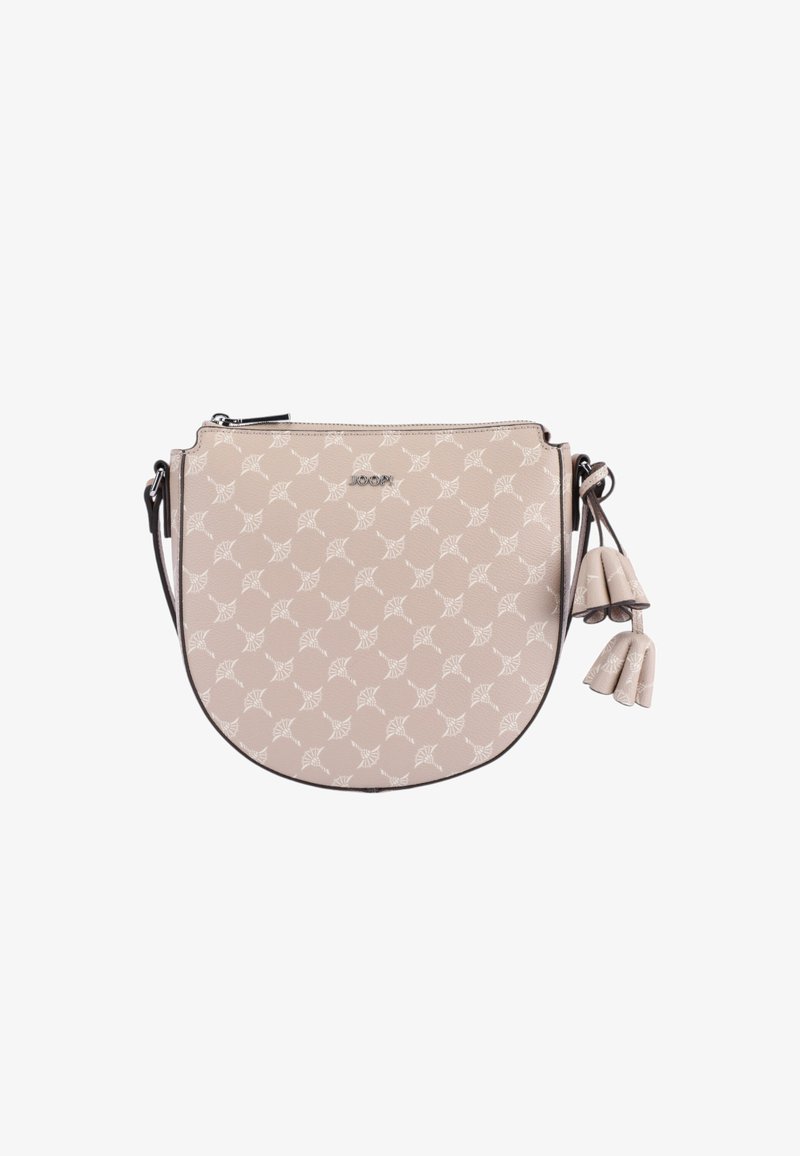 Borsa beige a forma di mezza luna, in materiale strutturato, con motivo di foglia bianca e due nappine decorative sui lati. Chiusura con cerniera sulla parte superiore.