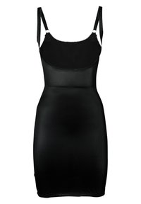 Abito bodycon nero con spalline sottili e regolabili, silhouette aderente, texture liscia e lunghezza sotto il ginocchio.