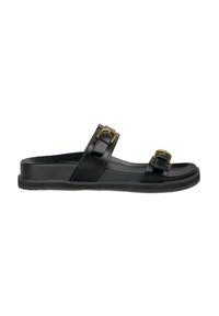 Sandalo nero con due cinturini larghi, caratterizzato da dettagli con fibbie oro. Materiale liscio con suola piatta e leggero tacco per il massimo comfort.
