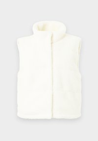 Bela flisasta brezrokavnik z visokim ovratnikom, brez rokavov, teksturirano površino in sprednjim šivom. Mehka in topla tkanina.