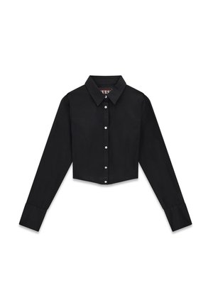 Black cropped shirt with long sleeves, button front, and classic collar. Smooth texture, fitted design, with tailored cuffs and subtle seams.