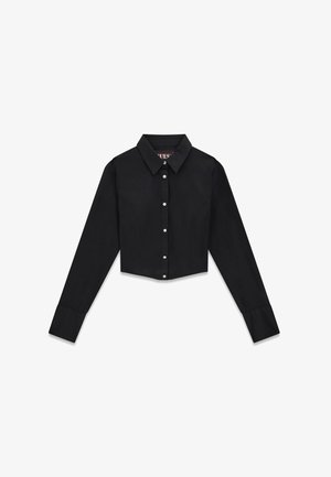 Black cropped shirt with long sleeves, button front, and classic collar. Smooth texture, fitted design, with tailored cuffs and subtle seams.