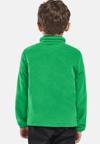 Bambino con capelli corti castani che indossa una giacca di pile verde brillante e pantaloni neri, di spalle su uno sfondo chiaro.