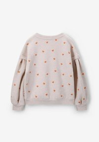 Sweatshirt beige clair avec des motifs de cœurs orange, manches larges et poignets et ourlet côtelés. Tissu doux avec une coupe décontractée.