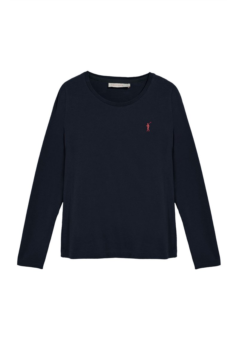 Marinblus med långa ärmar och rund halsringning och en liten röd logotyp. Tillverkad av mjukt material med en slät yta. Enkel och klassisk design.