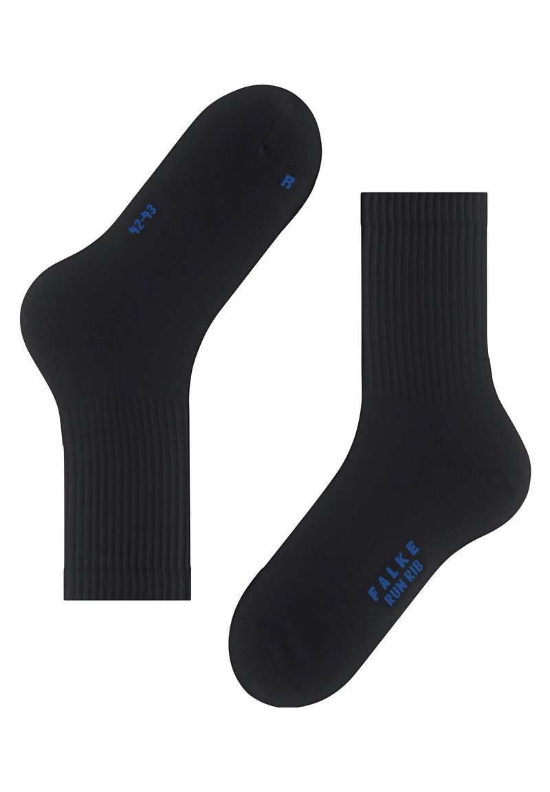 Czarne, prążkowane skarpetki do kostek, z niebieskimi nadrukowanymi detalami rozmiaru i marki. Wykonane z gładkiego materiału, z wzmocnionym palcem i piętą.