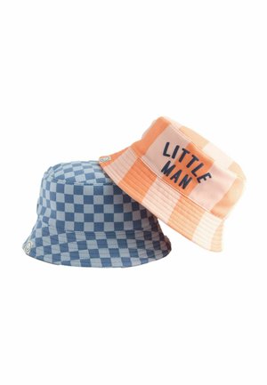 Kaks bucket hat'i: üks sinise ruudulise mustriga, teine oranžide ja virsikuværvide triipudega, millel on trükitud "LITTLE MAN". Pehme kangas, ümmargune kuju.