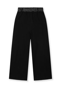Zwarte wijde broek met een elastische tailleband. Gemaakt van zachte stof, met zijzakken en een gladde textuur.