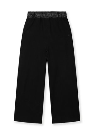 Zwarte wijde broek met een elastische tailleband. Gemaakt van zachte stof, met zijzakken en een gladde textuur.