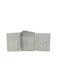 Light gray leather wallet with multiple card slots, a central zip pocket, and clean lines. Features contrast stitching and a snap closure.