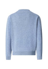 Světlemodrý pletený svetr s dlouhými rukávy, kulatým výstřihem a žebrovanými manžetami a lemem. Měkká textura, bez viditelných vzorů nebo akcentů.