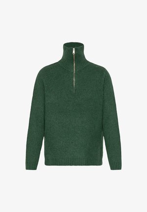 Green ribbed turtleneck sweater with a quarter zipper and textured fabric. Features a fitted design and long sleeves.