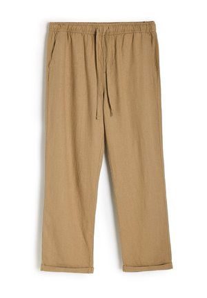Jasnobrązowe spodnie z bawełny z domieszką materiału, z elastycznym paskiem w talii i sznurkiem do regulacji, z bocznymi kieszeniami i luźnym krojem.