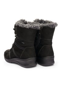 Schwarze Winterstiefel mit mittlerer Schafthöhe bis zur Wade, grauem Kunstpelzfutter, seitlichem Reißverschluss und vorderer Schnürung, entworfen für Wärme und lässiges Tragen.