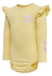 Geel langemouw bodysuit met ruches op de schouders en een roze logo. Van katoen, met een zachte textuur en roze chevronstrepen op de mouwen.