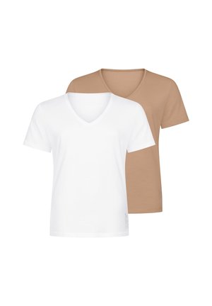 Zwei schlichte V-Ausschnitt-T-Shirts, eines vorne weiß und eines hinten beige, auf weißem Hintergrund dargestellt.