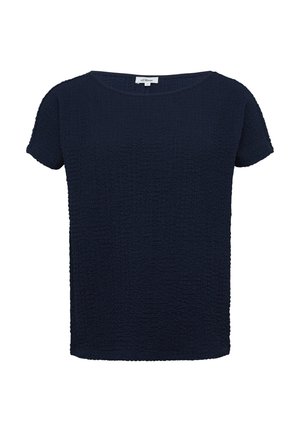 Donkerblauwe T-shirt met korte mouwen van een gestructureerde stof, met een ronde halslijn en een ontspannen pasvorm. Glad afgewerkte zomen en een licht losse structuur.