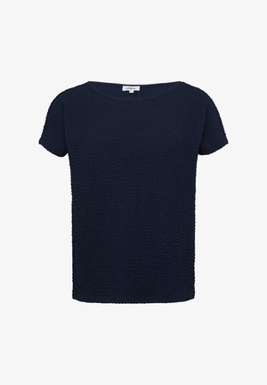 Donkerblauwe T-shirt met korte mouwen van een gestructureerde stof, met een ronde halslijn en een ontspannen pasvorm. Glad afgewerkte zomen en een licht losse structuur.