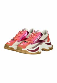 Colorful sneakers featuring a mesh upper with pink, orange, and metallic accents. Thick rubber sole with wave design and textured details.