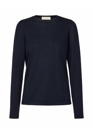 Maglia manica lunga blu navy in tessuto a maglia leggero con scollo rotondo e orlo dritto. Design semplice, senza motivi o accessori visibili.