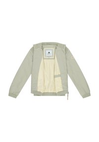 Lichtgrijs-groen jack met crème binnenvoering, geribde manchetten en zoom, open voortas met ritssluiting en merkembleem aan de binnenkant van de kraag.
