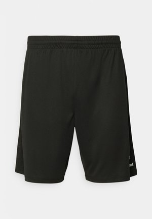 Shorts de sport noirs avec taille élastique, longueur au genou et marquage minimal sur le bas.