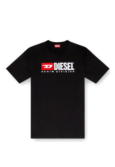 Черен памучен T-shirt с къс ръкав, с бяло и червено лого "DIESEL DENIM DIVISION" на предната част.
