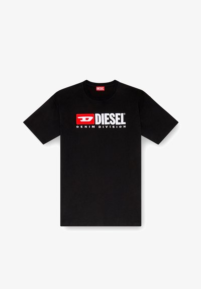 Черен памучен T-shirt с къс ръкав, с бяло и червено лого "DIESEL DENIM DIVISION" на предната част.