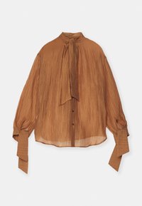 Blusa a maniche lunghe di colore ruggine con righe verticali, apertura con bottoni, colletto alto, laccio al collo e ampi polsini con linguette di tessuto allungate.