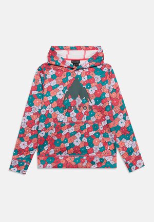 Hættetrøje med flerfarvet blomsterprint i rød, pink, grøn og hvid, med stort sort Burton-logo foran.