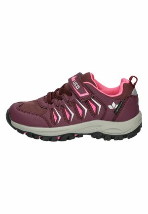 Children's dark purple and pink athletic shoe with Velcro strap, lace-up front, and rugged black sole designed for outdoor activities.