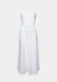 Weißes Maxikleid mit dünnen Spaghetti-Trägern, einem Wickeldesign vorne, gerafftem Taillenbereich und glattem Baumwollstoff. Schlichte und elegante Silhouette.