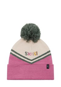 Gehaakte beanie in crème, roze en groen, met een tekstuurpompon in groen, zigzagpatroon en een "SKI"-grafiek op de kroon.