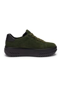 Dark green suede sneaker with thick black sole, matching green laces, and black heel patch, viewed from the outer side.