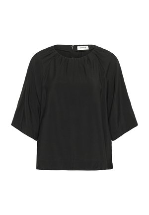 Mustmustärgne lühikeste varrukatega pluus ümmarguse kaelusega, millel on gathered detailid ja taga jäme lukk. Sile tekstuur ja mugav lõige.