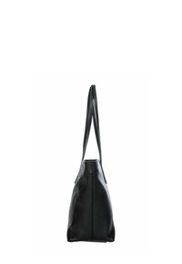 Sac fourre-tout en cuir noir avec longues anses, forme structurée et finition texturée. Présente un design minimaliste sans matériel visible.