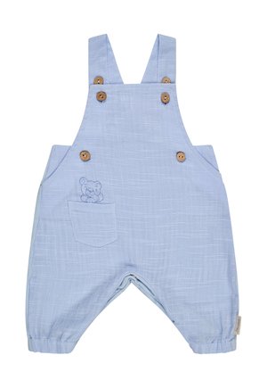 Hellblaue Baby-Overall mit Holzknöpfen, elastischen Bündchen, einer kleinen Fronttasche und einem gestickten Teddybär-Design auf der Tasche.
