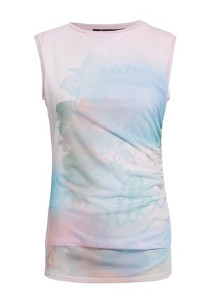 Ärmelloses Oberteil aus leichten Stoff mit einem Farbverlauf von Pastellrosa zu Pastellblau, das an der Seite gerafft ist und dezente Grafiken aufweist.